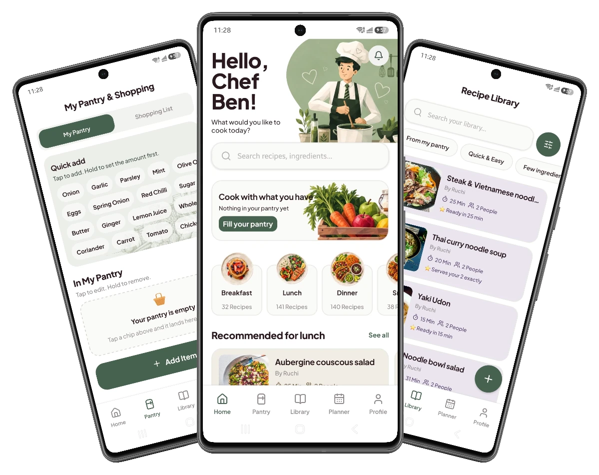 Three Ruchi app screens showing the pantry, personalized recipe ideas, and the recipe library